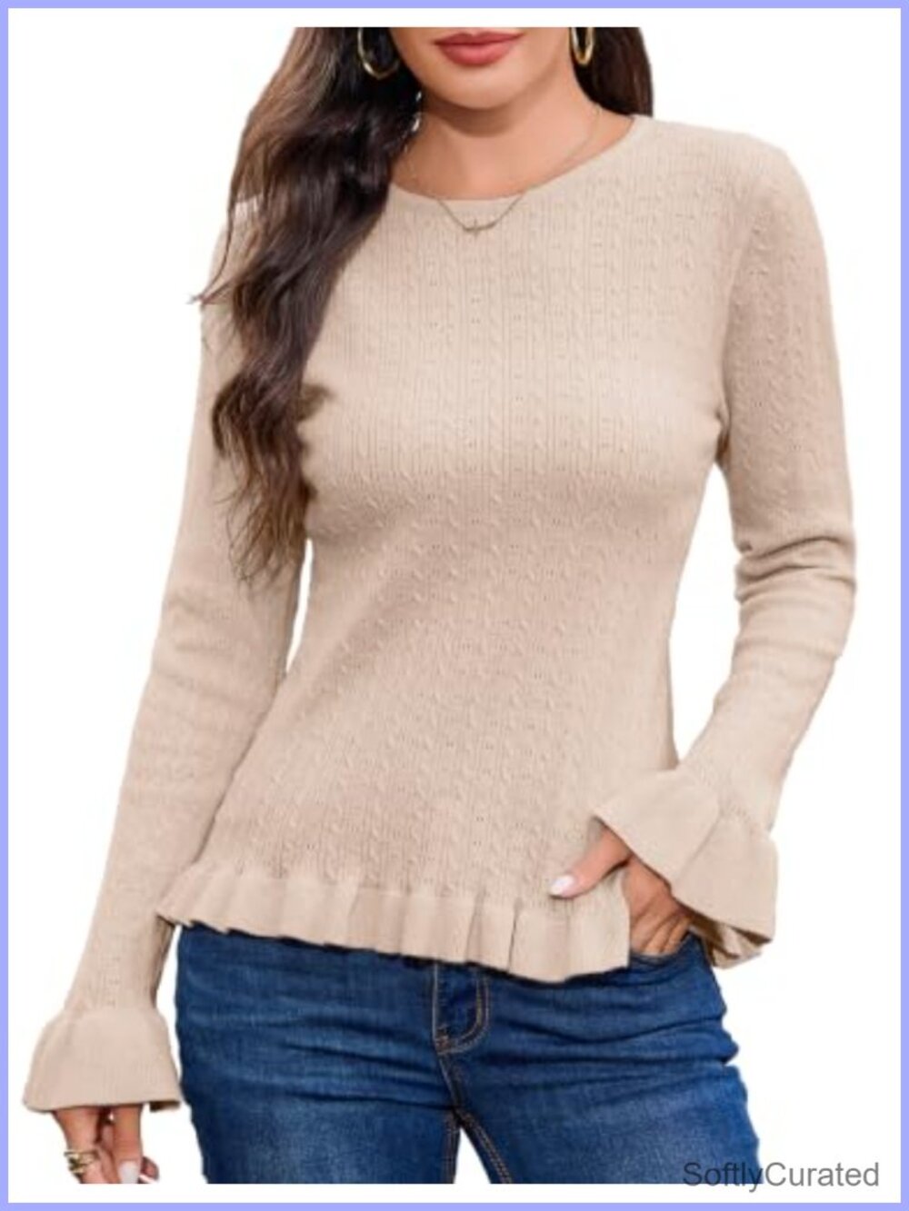Women's Cable Knit Peplum Sweater Ruffle Cuff Crewneck Pullover Jumper